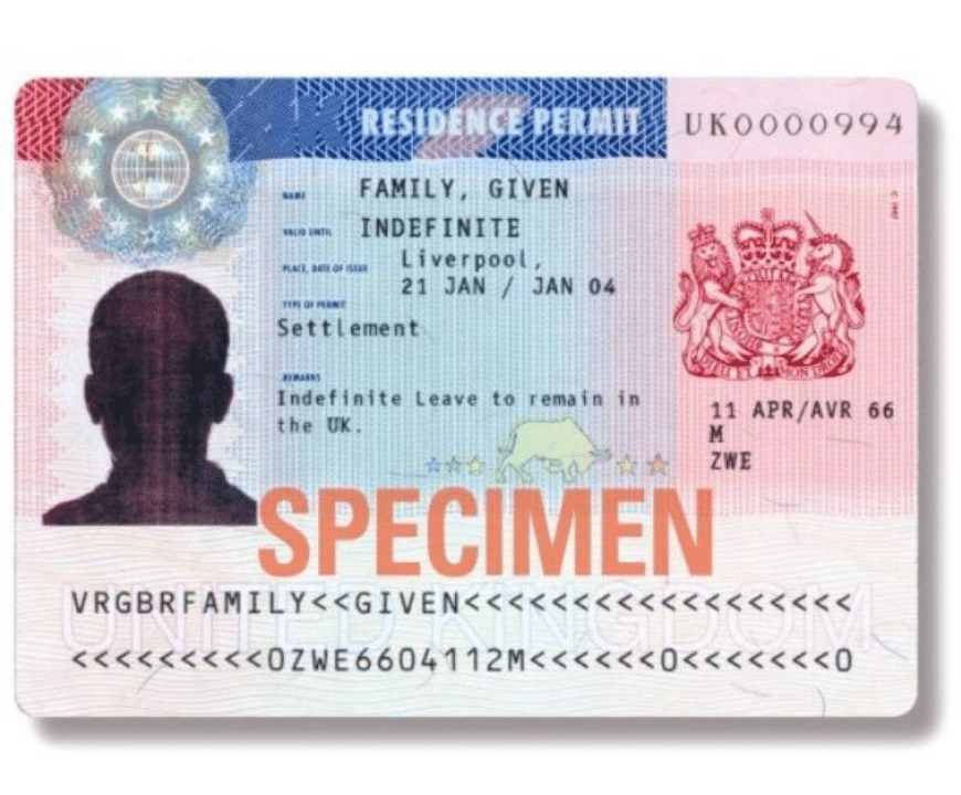 A sample indefinite leave to remain uk residence permit card with specimen data and security features visible.