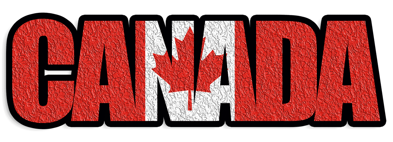 The word “CANADA” in bold letters filled with the Canadian flag pattern, featuring a red maple leaf in the center.