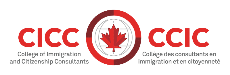 Logo of the College of Immigration and Citizenship Consultants (CICC) in English and French, featuring a red maple leaf in the center—a symbol recognized by professionals worldwide, including UK immigration lawyers who provide expert uk visa advice and immigration legal advice uk.